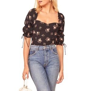 Reformation Black Floral Puff Sleeve Off Shoulder Smocked Crop Top Size 4